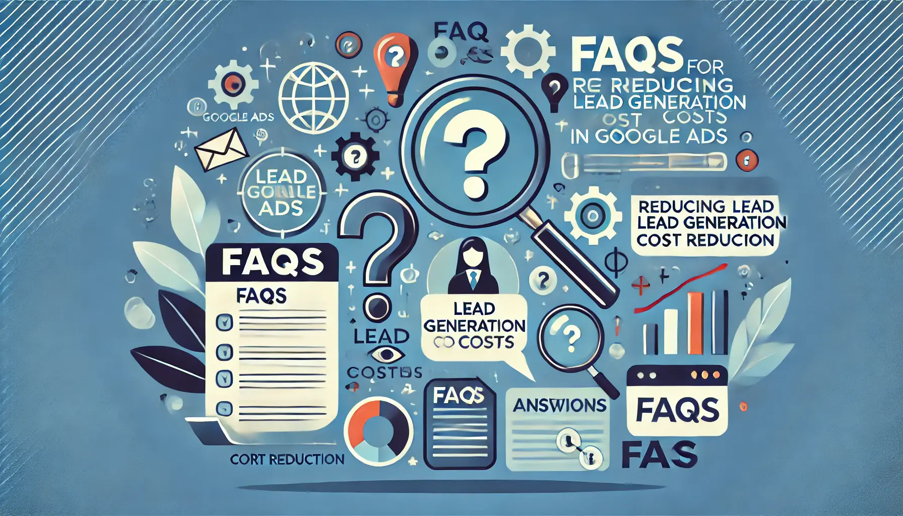 Illustration of FAQs related to reducing lead generation costs in Google Ads.