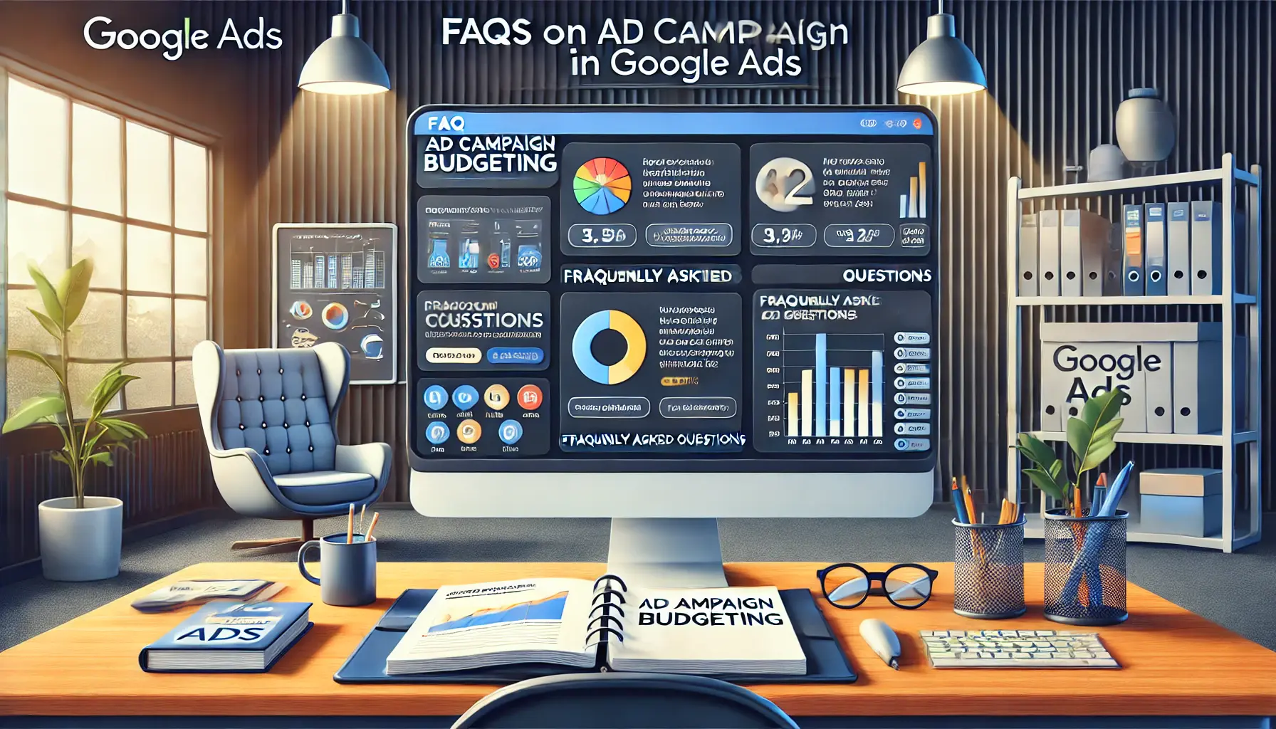 A modern office workspace displaying a dashboard of frequently asked questions on ad budgeting.