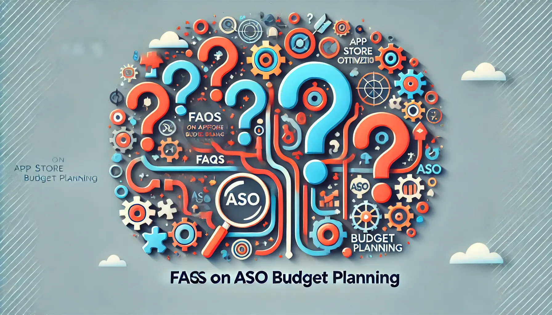 Abstract image symbolizing questions and answers related to ASO budget planning with visuals like question marks, pathways, and puzzle pieces coming together.