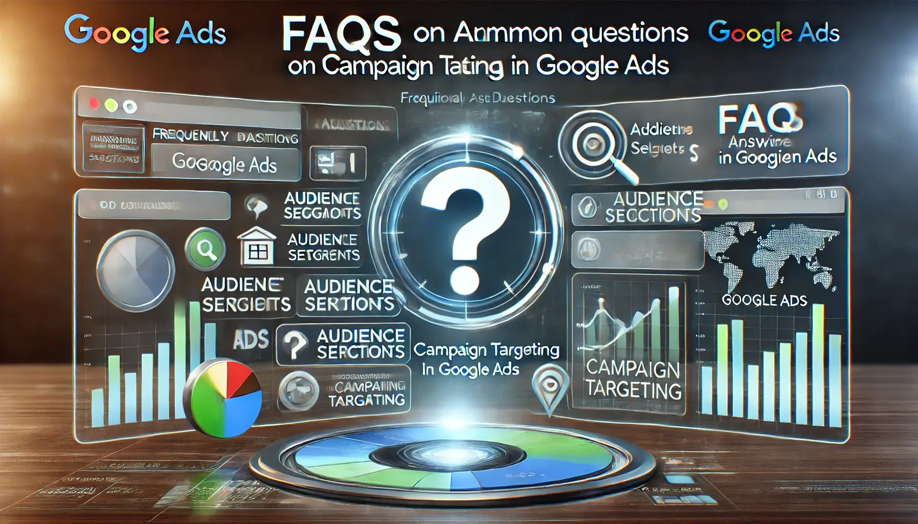 A professional image illustrating FAQs on campaign targeting in Google Ads, with targeting filters, question icons, and audience segments.