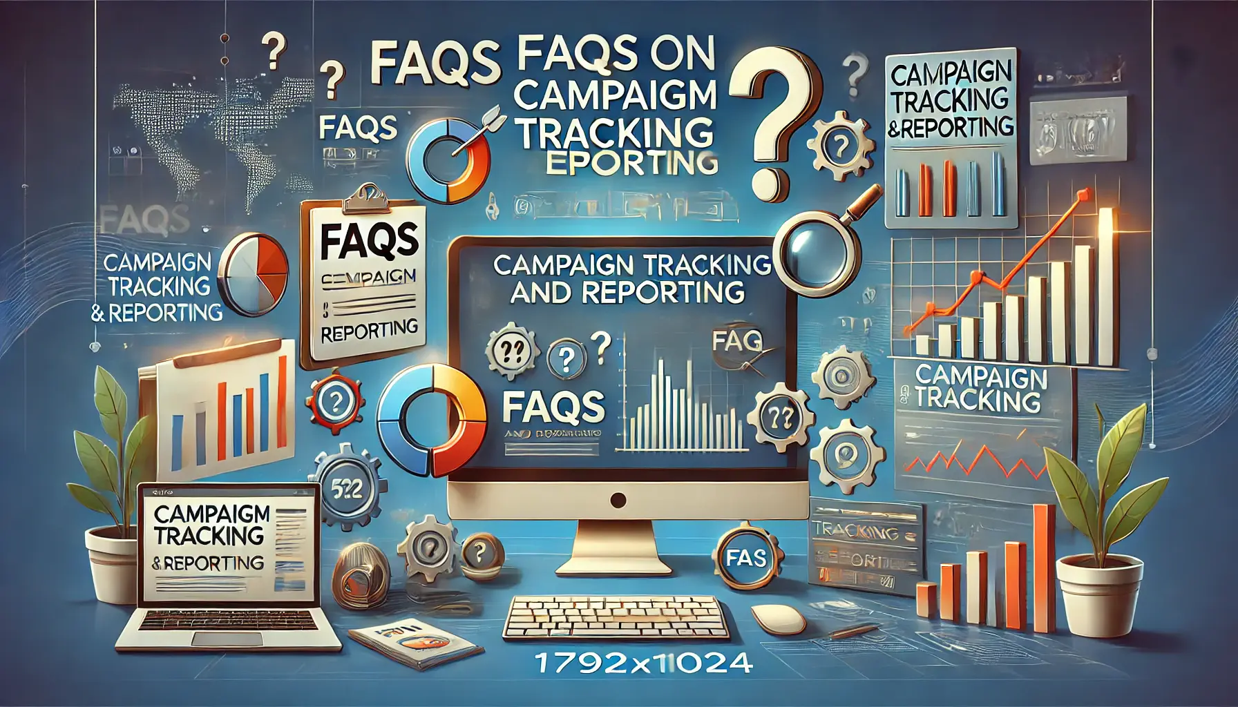 Image depicting a digital workspace with a computer showing a collection of FAQs related to campaign tracking and reporting.