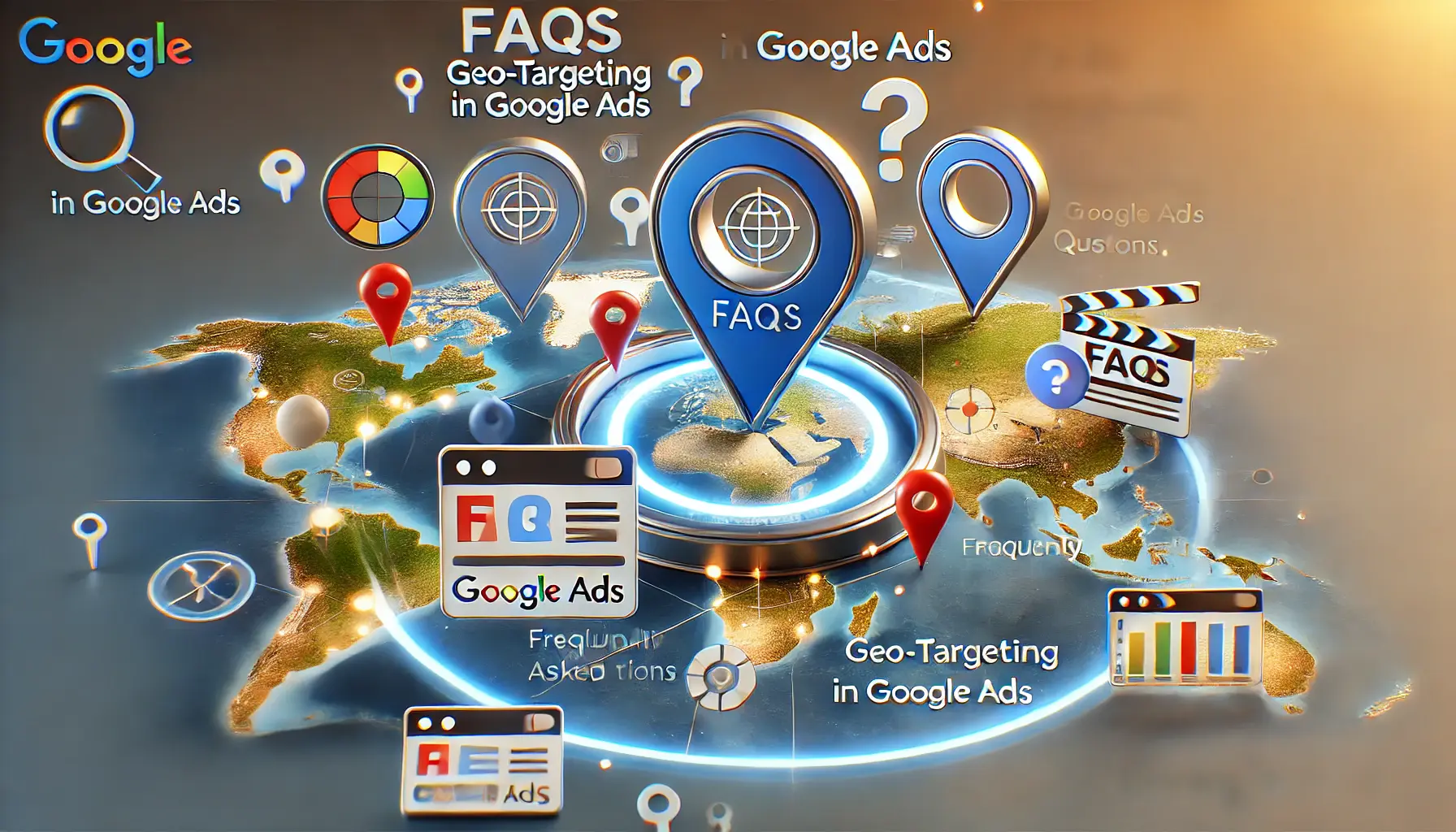 A digital map with highlighted regions representing different geo-targeting topics, along with icons like targeting symbols and performance indicators