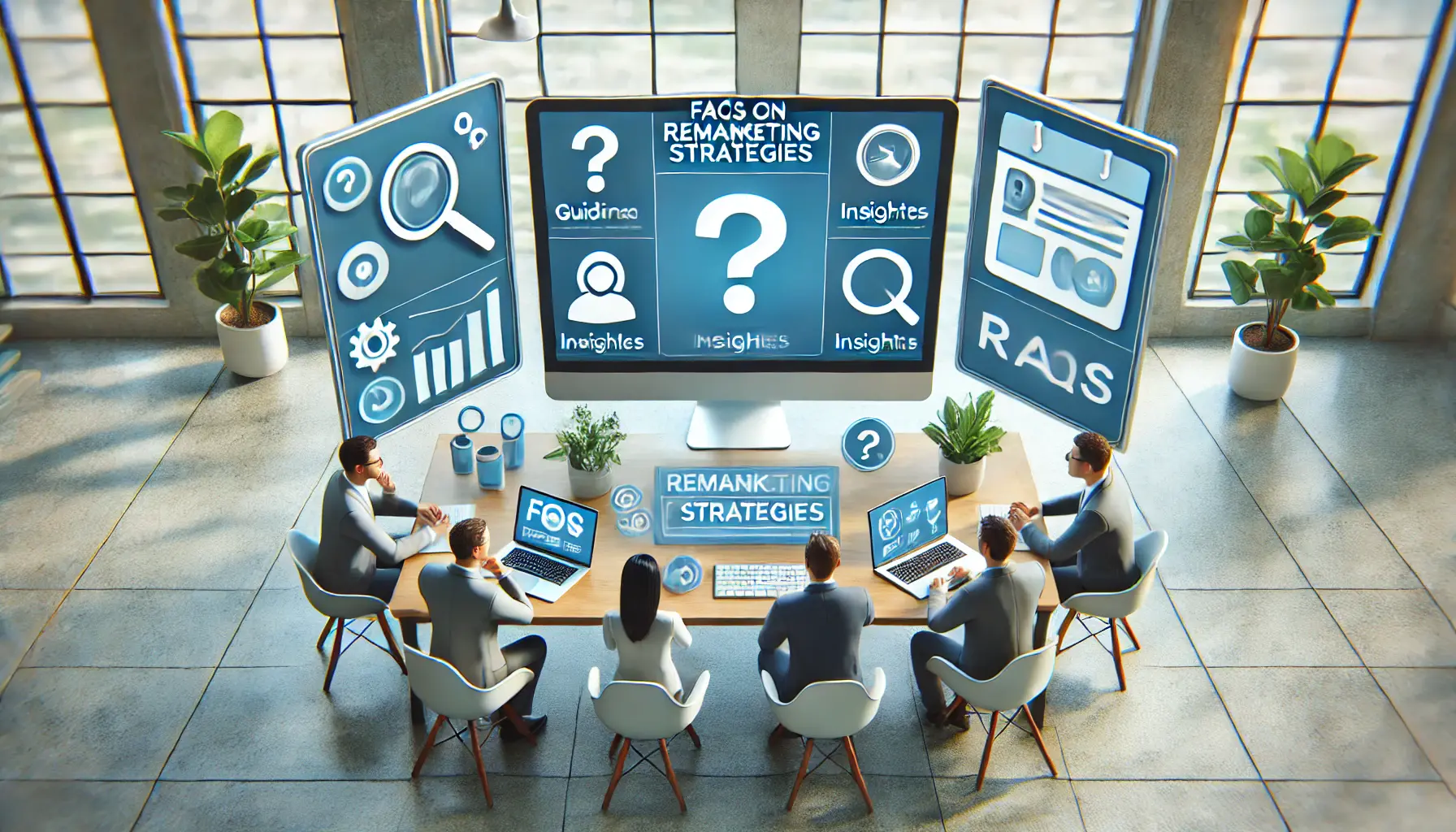 Digital marketing setup with a computer screen displaying question mark icons, insights, and support tools, representing frequently asked questions on remarketing strategies.