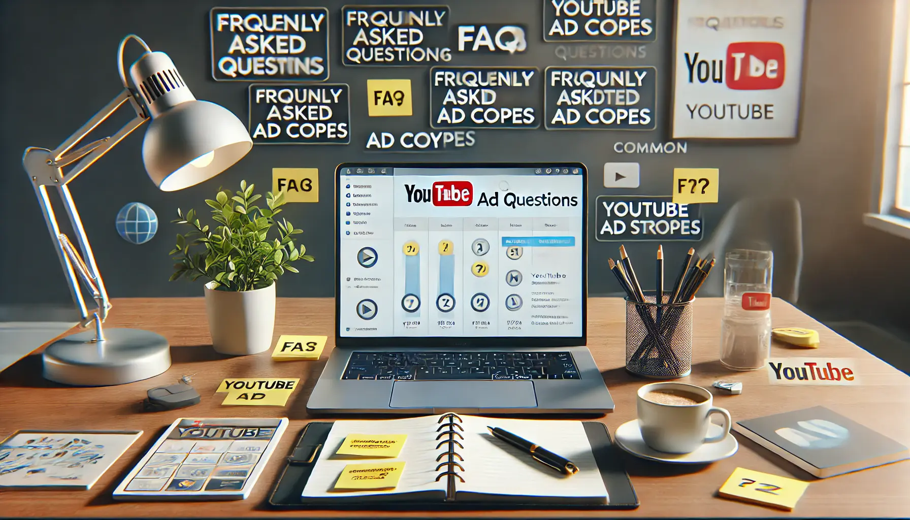 A workspace with a laptop displaying an ad creation dashboard, surrounded by sticky notes with common ad copywriting questions.