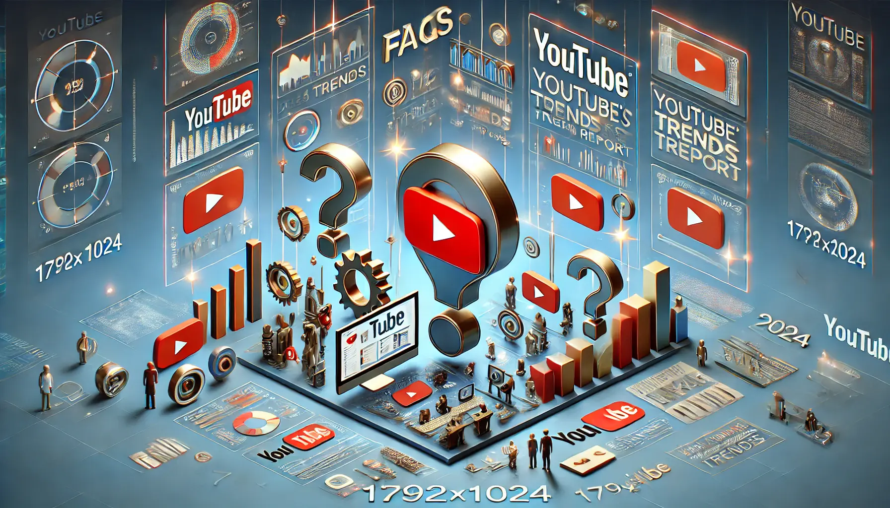 A digital environment with question marks, video thumbnails, and interactive icons, symbolizing FAQs related to YouTube's 2024 trends.