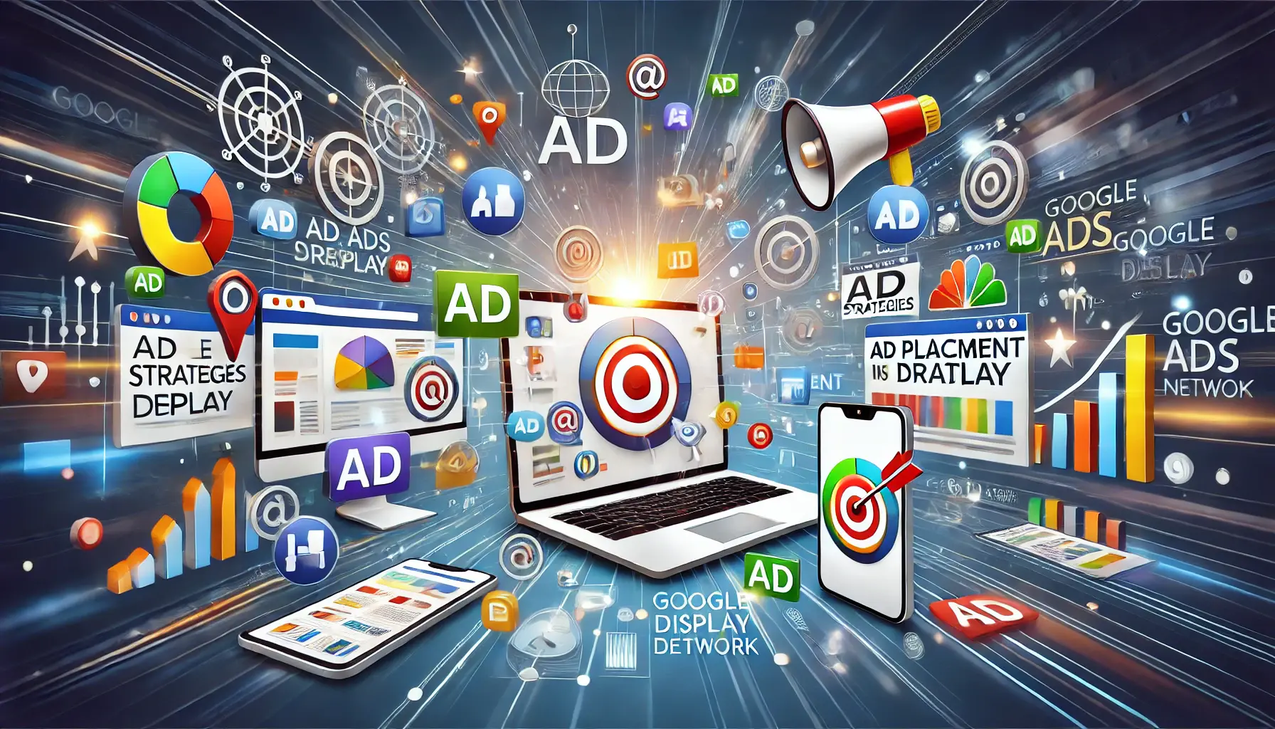 Visual representation of ad placement strategies in Google Ads, with devices displaying ad icons and analytics elements.