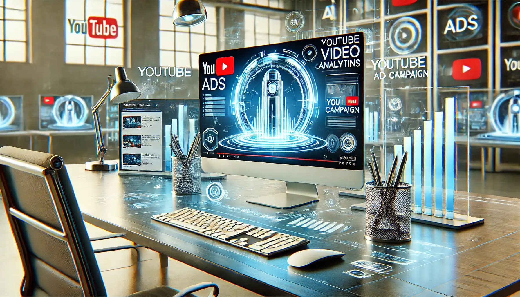 Futuristic digital marketing workspace showcasing YouTube Ads analytics and campaign tools