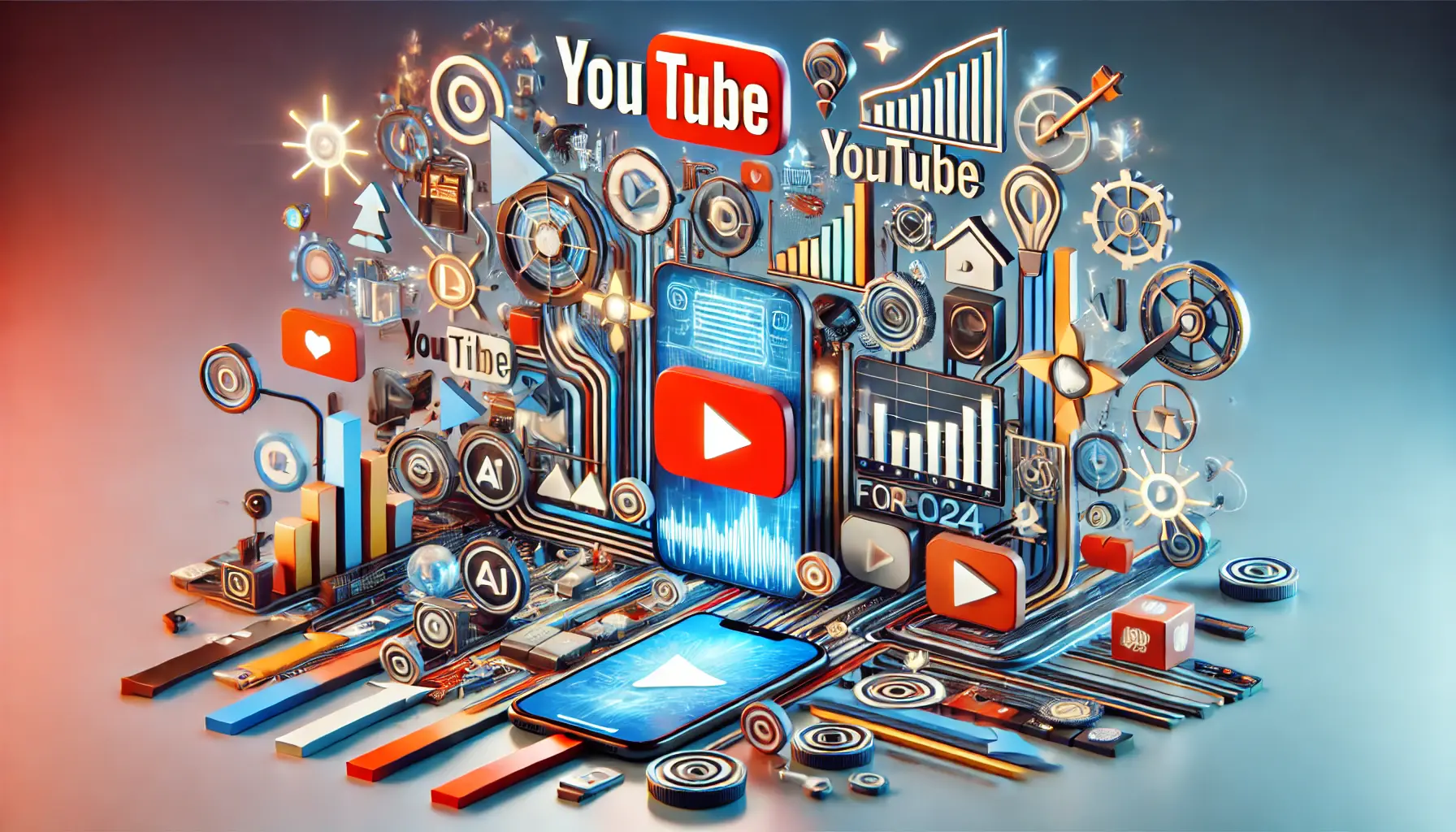 Abstract digital depiction of YouTube trends for 2024 with video icons, smartphones, and data flow symbols