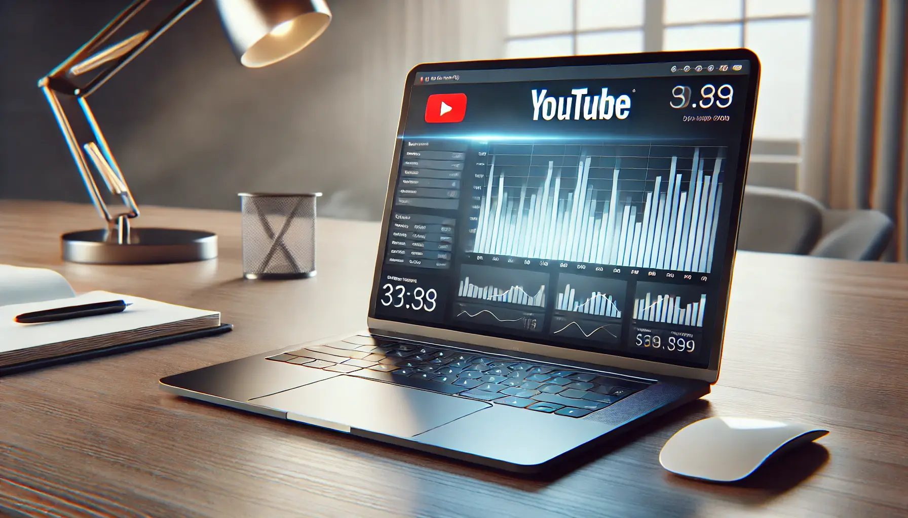 A laptop on a desk displaying YouTube analytics, representing digital advertising in a professional office setting.