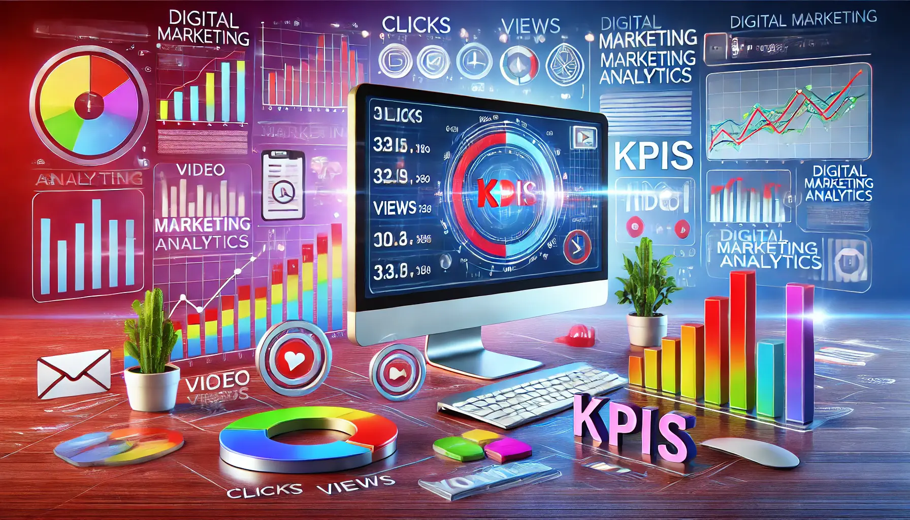 Analytics screen showing KPIs for video content surrounded by digital marketing icons.