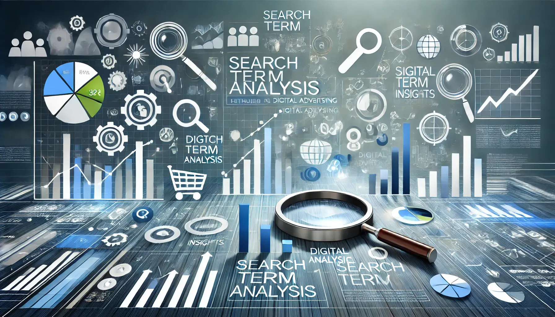 Visual representation of search term analysis with icons for data, charts, and search insights in a digital marketing context