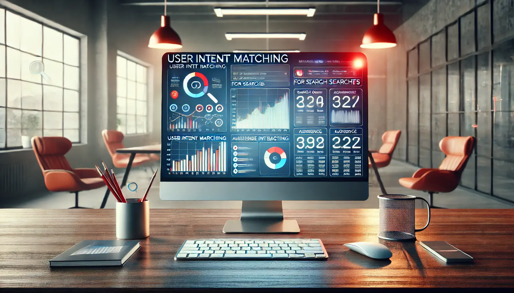 Desktop displaying Google Ads dashboard in a professional office, visualizing user intent matching and ad optimization processes.