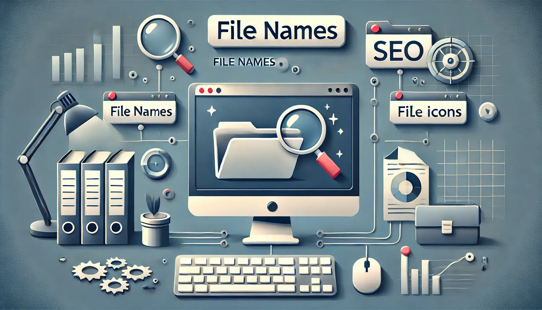 A computer screen showing a file name being edited for SEO purposes, with symbols like magnifying glasses, file icons, and SEO analytics charts surrounding the screen.