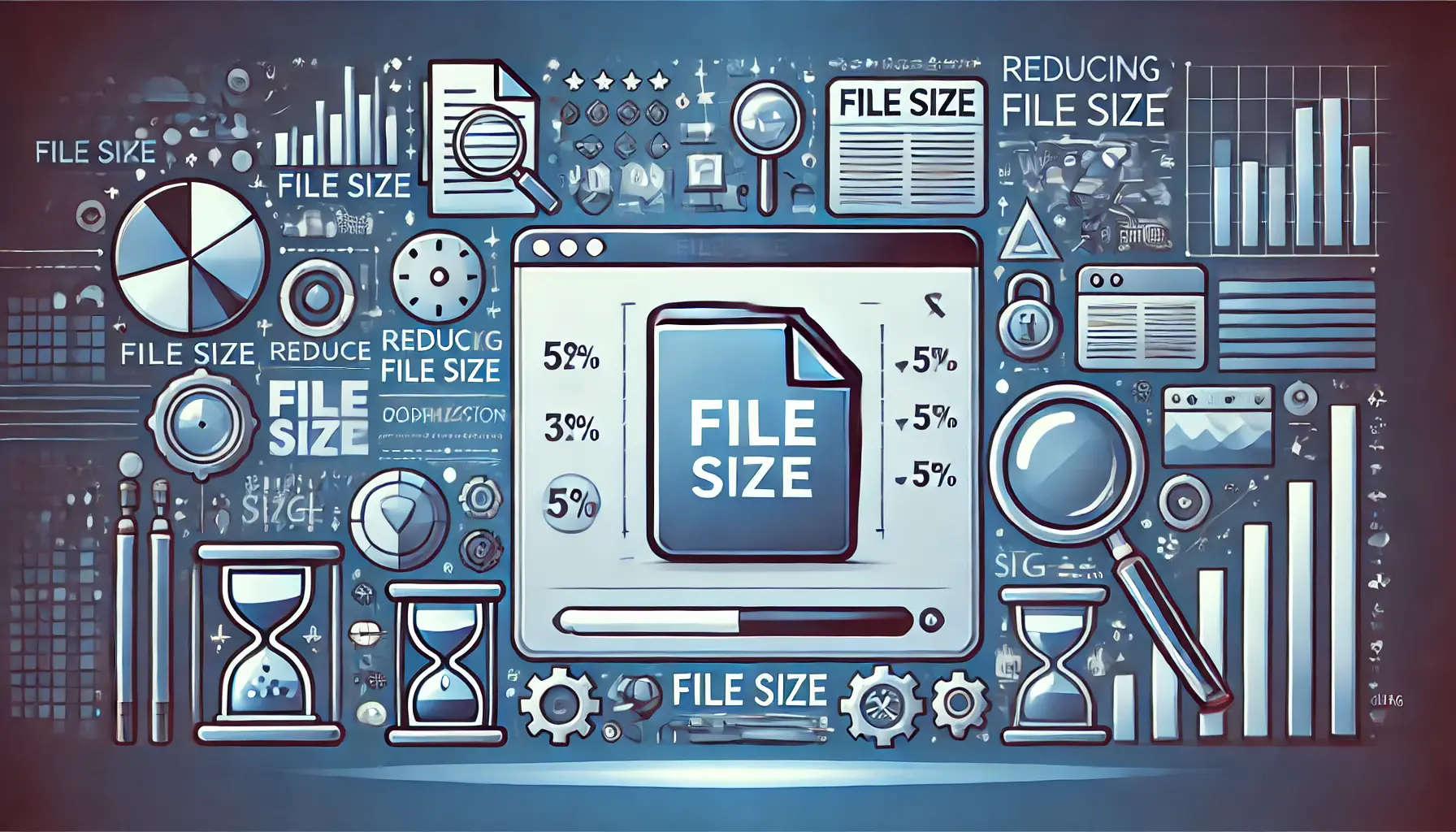 A computer screen showing a file being optimized for reduced file size, with visual indicators like compression bars and file icons, along with charts and magnifying glass symbols.