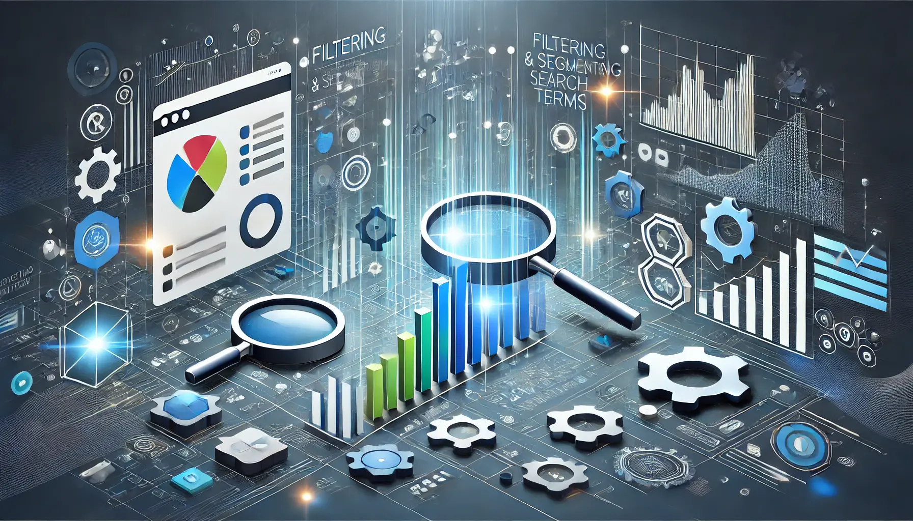 Visual representation of filtering and segmenting search terms with icons for filters and segmented charts