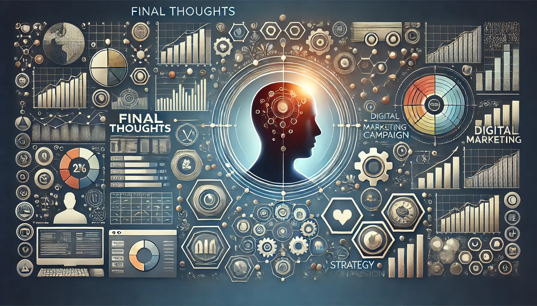 An image showing interconnected data flows, charts, and performance metrics coming together, symbolizing the conclusion and success of a digital marketing campaign.