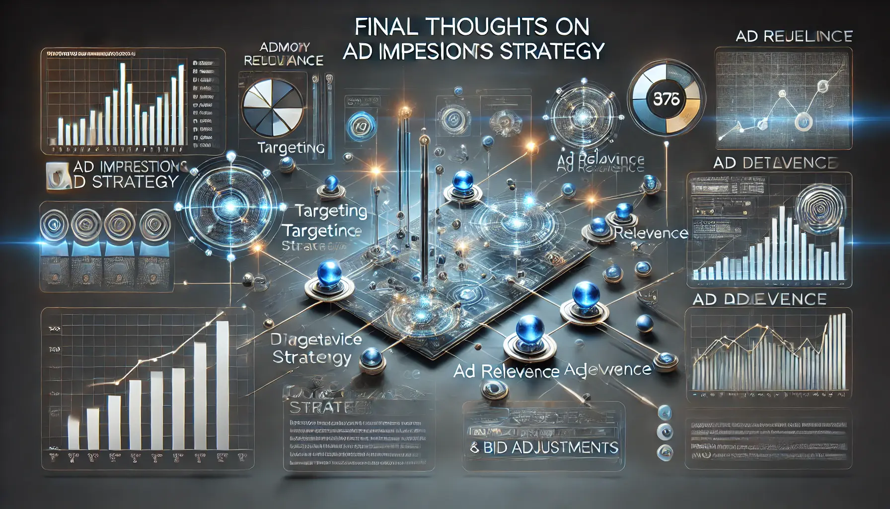 Visualization representing a summary of ad impressions strategy, with interconnected data points and graphs showing optimization techniques.