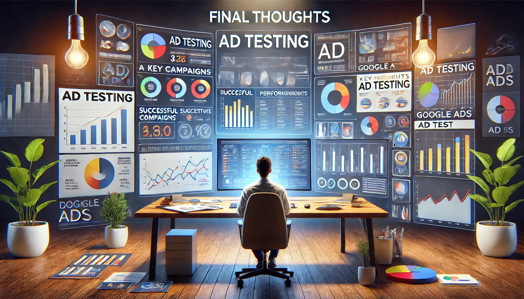 A computer workstation displaying key insights and performance metrics from ad testing in Google Ads.