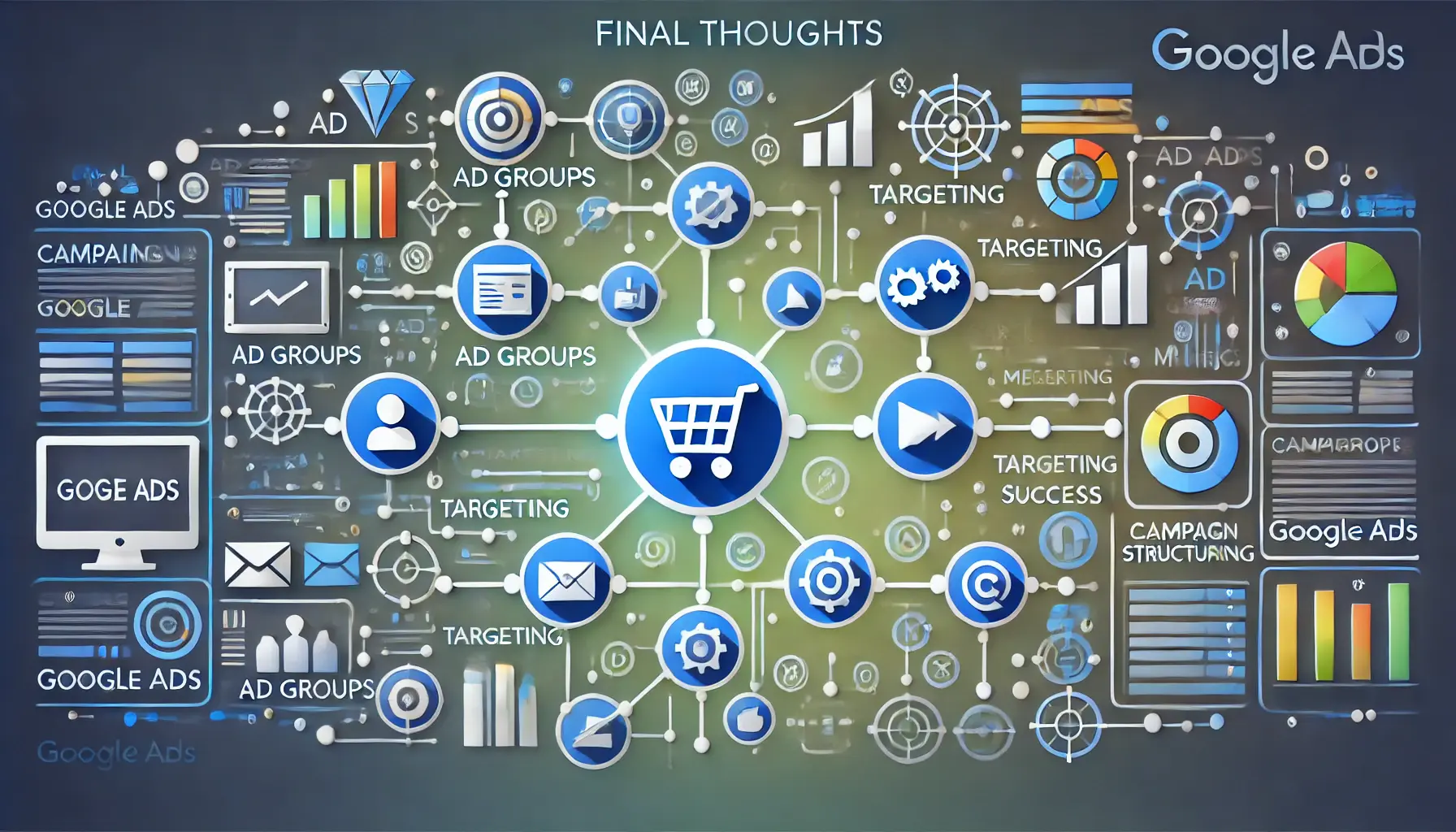 A visual representation of key campaign elements such as ad groups, targeting, and metrics connected by arrows symbolizing optimization and success.