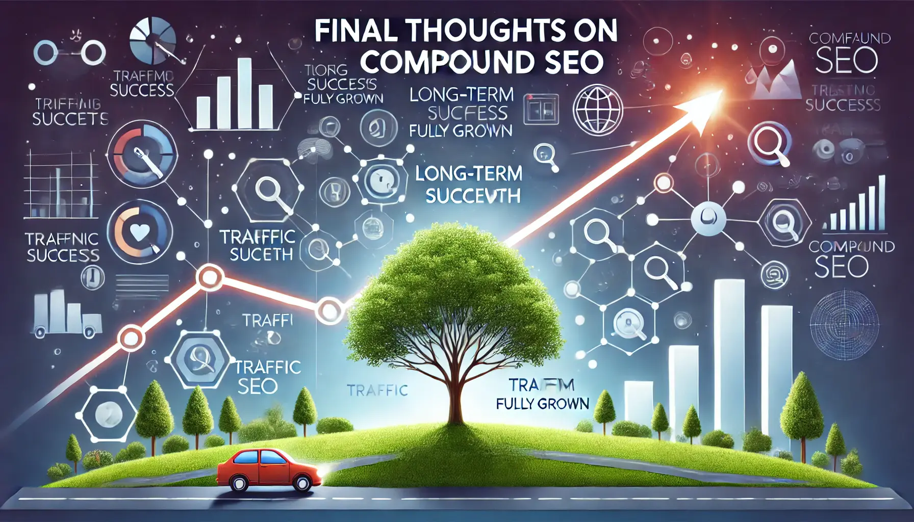 An illustration summarizing the long-term success and growth of Compound SEO with a fully grown tree and upward-trending graphs.