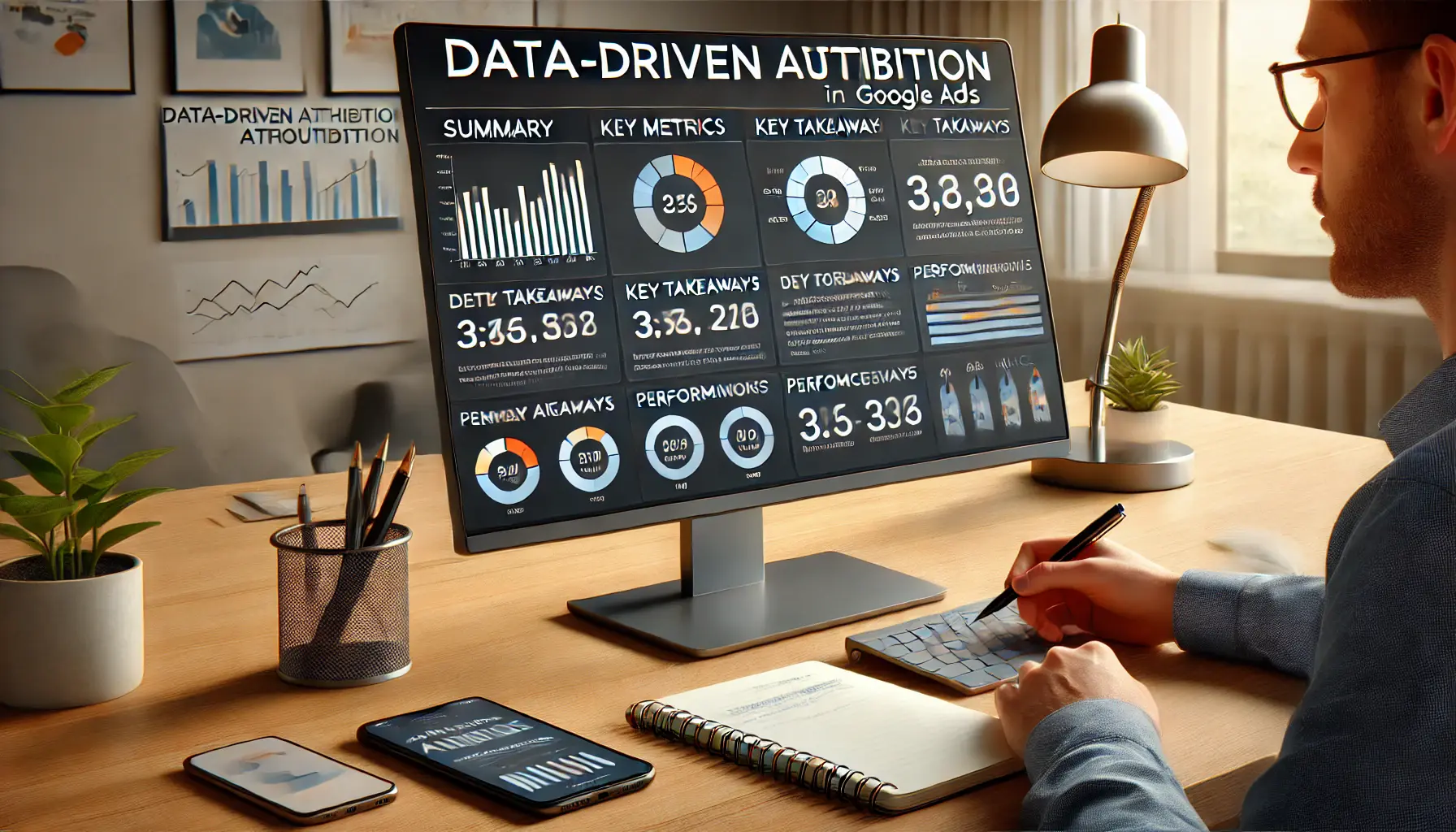 Digital marketer reviewing final insights on data-driven attribution on a Google Ads dashboard with summary metrics and key takeaways.