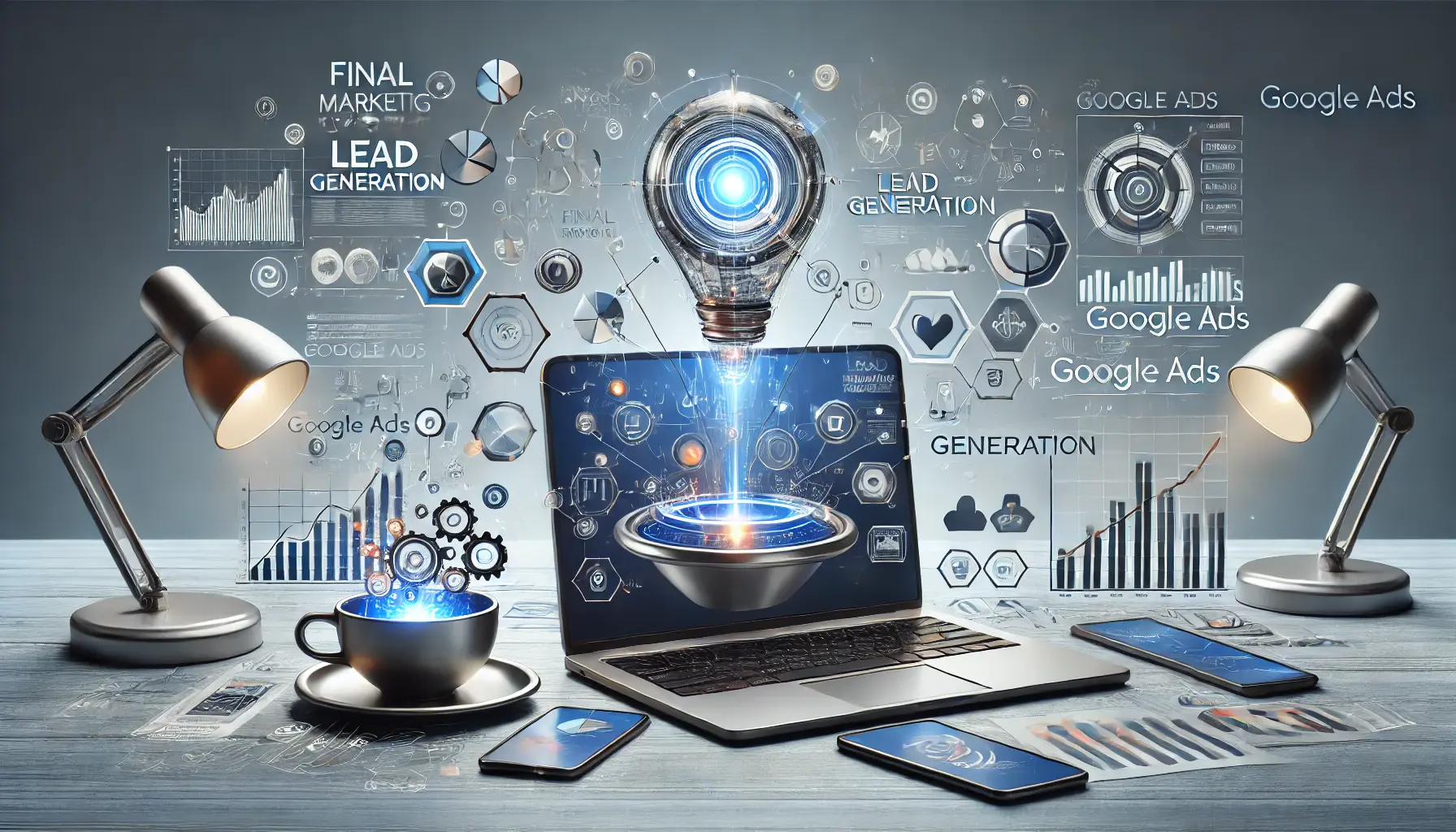 A digital marketing scene showing devices with lead generation metrics and campaign insights, symbolizing the conclusion of successful strategies in Google Ads.