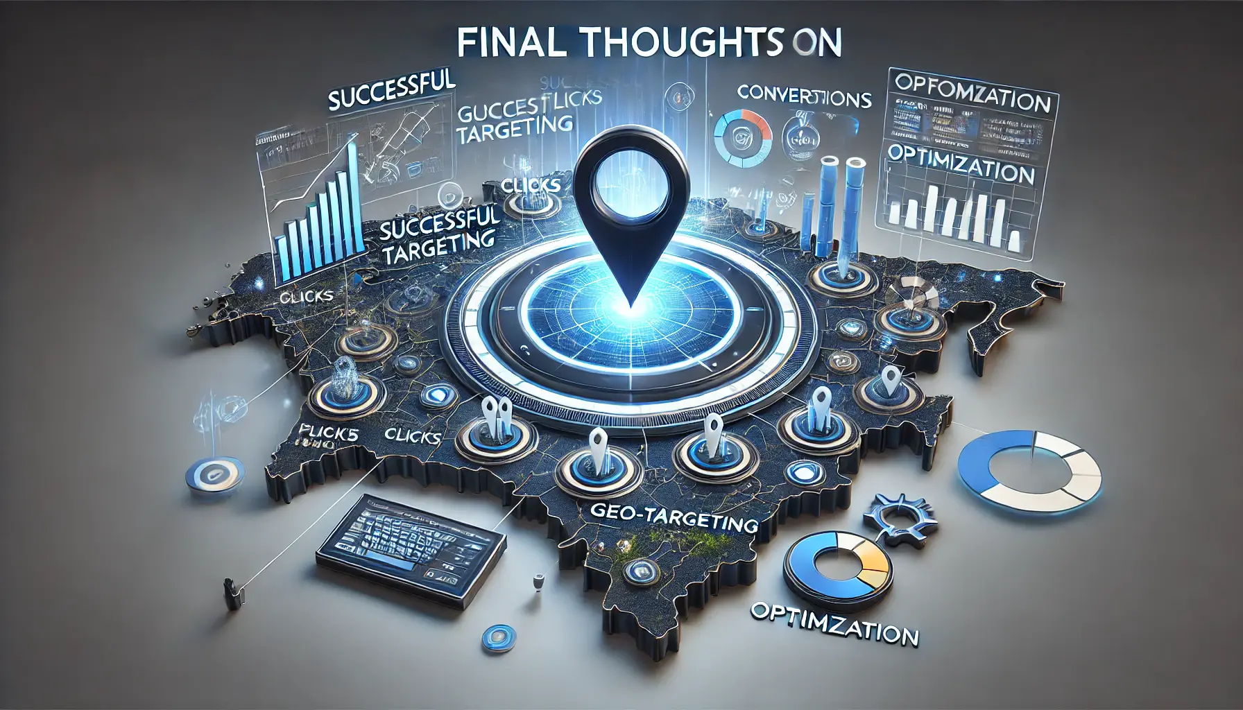 A digital map with highlighted regions representing successful geo-targeting, performance metrics, and optimization tools indicating a successful campaign