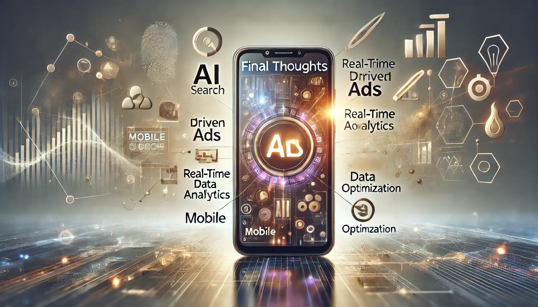 A smartphone summarizing mobile advertising elements such as AI-driven ads, real-time data analytics, and mobile optimization, surrounded by abstract icons representing future trends and growth