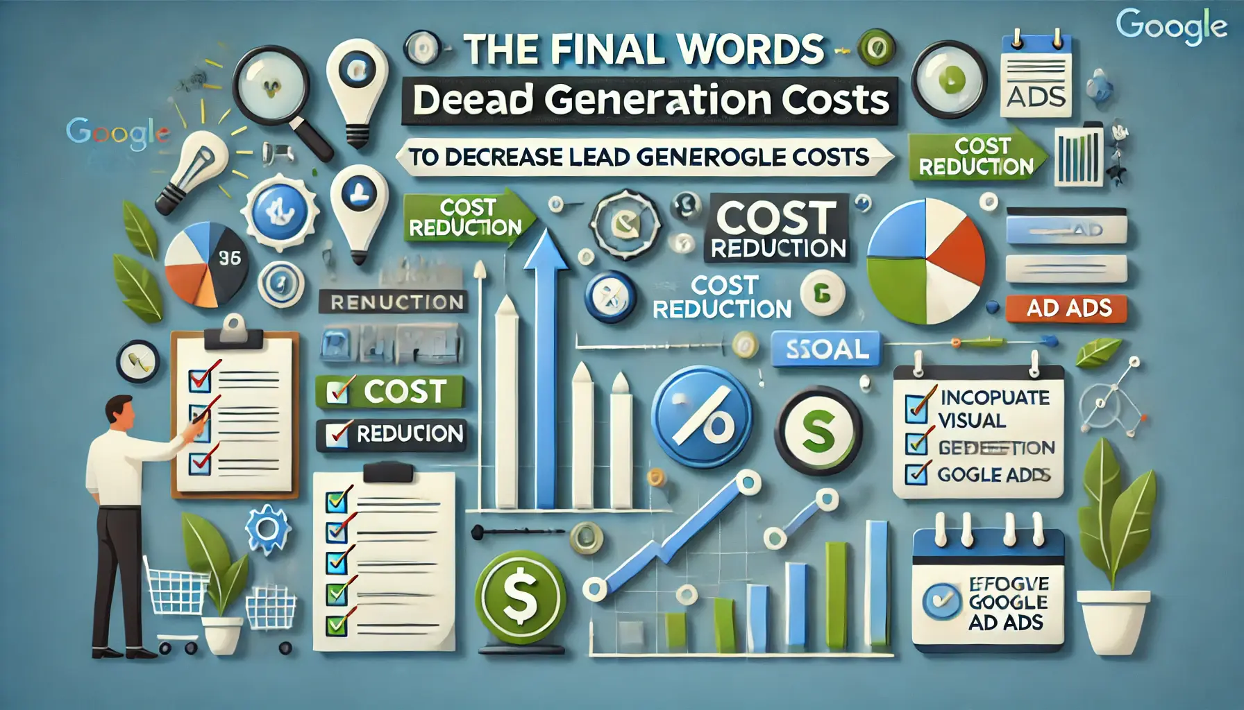 Illustration summarizing strategies to decrease lead generation costs in Google Ads.