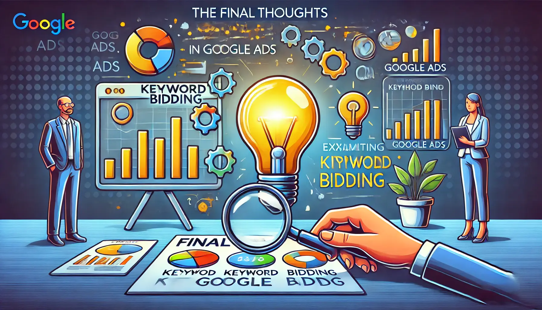 A reflective digital marketing illustration symbolizing final thoughts on keyword bidding, featuring a summary chart and a lightbulb.