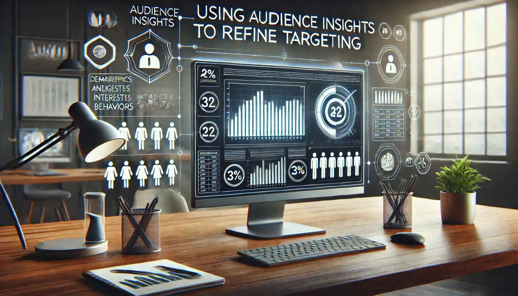 Workspace with a monitor displaying audience insights and analytics, surrounded by icons of demographics and interests, representing refined targeting.