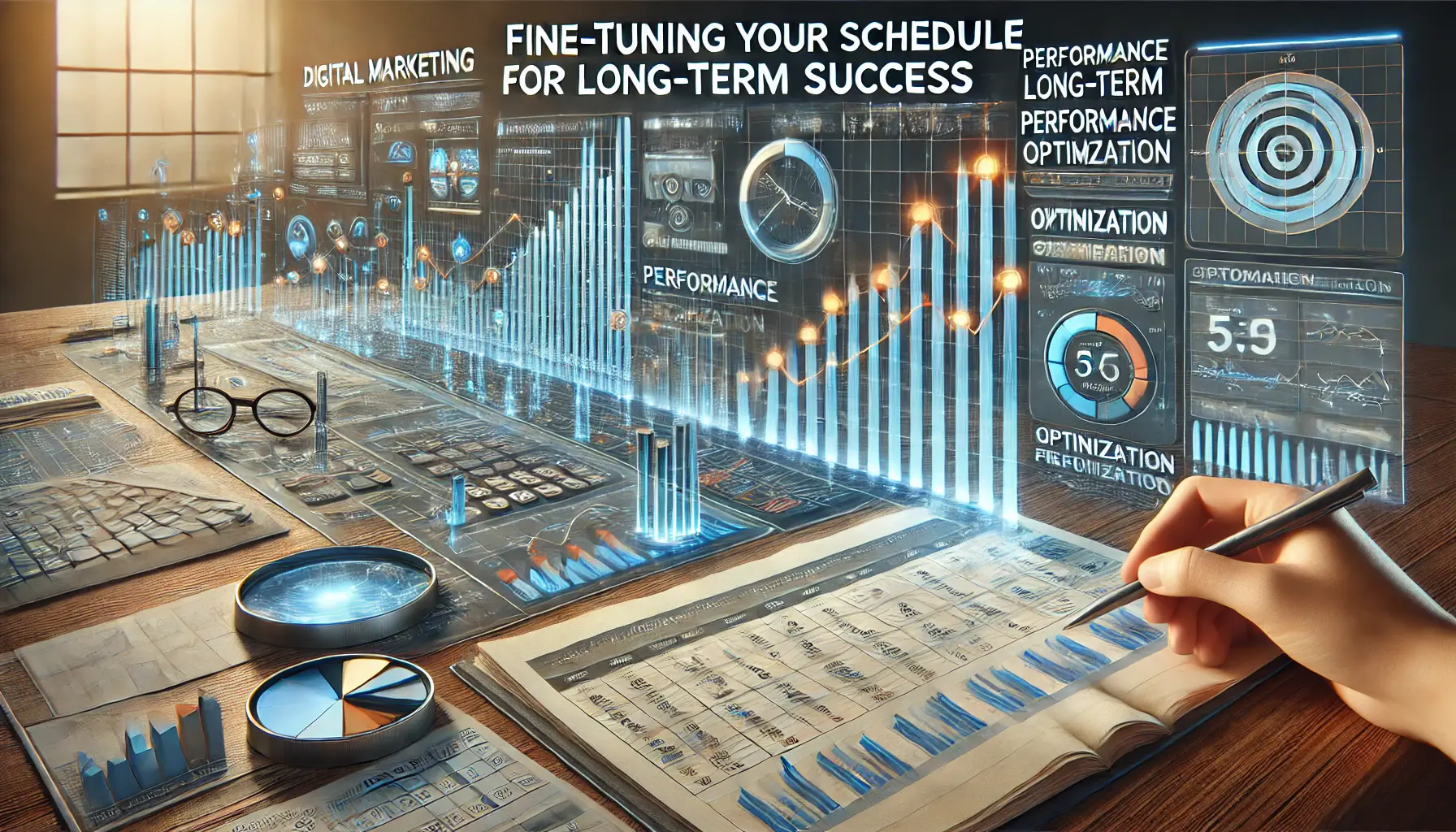 A digital marketing dashboard displaying scheduling grids, performance metrics over time, and optimization tools for refining ad schedules for long-term success.