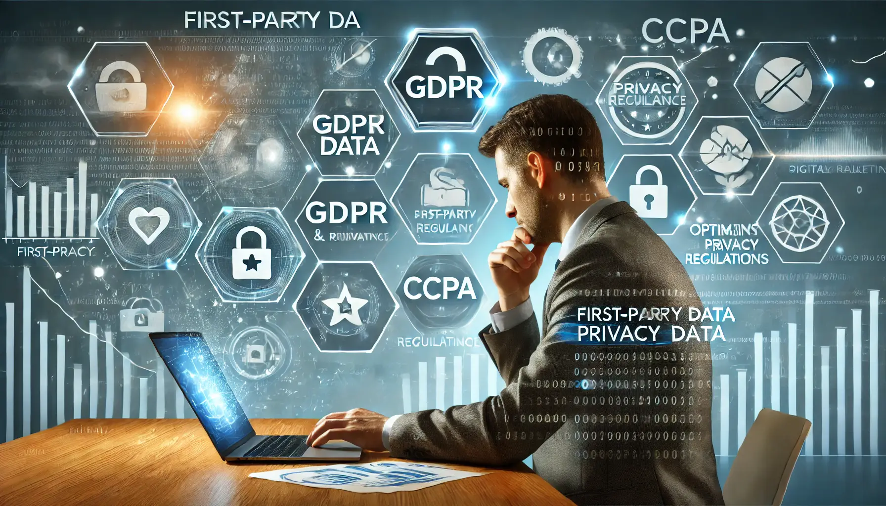 A marketer reviewing data privacy compliance with symbols representing GDPR and CCPA, emphasizing secure and ethical handling of first-party data.