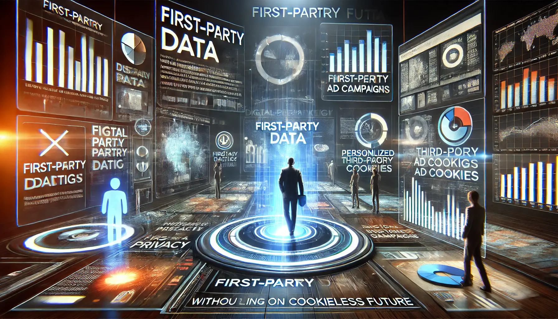 A futuristic digital marketing dashboard showcasing customer insights and personalized ad campaigns with emphasis on data privacy and engagement.