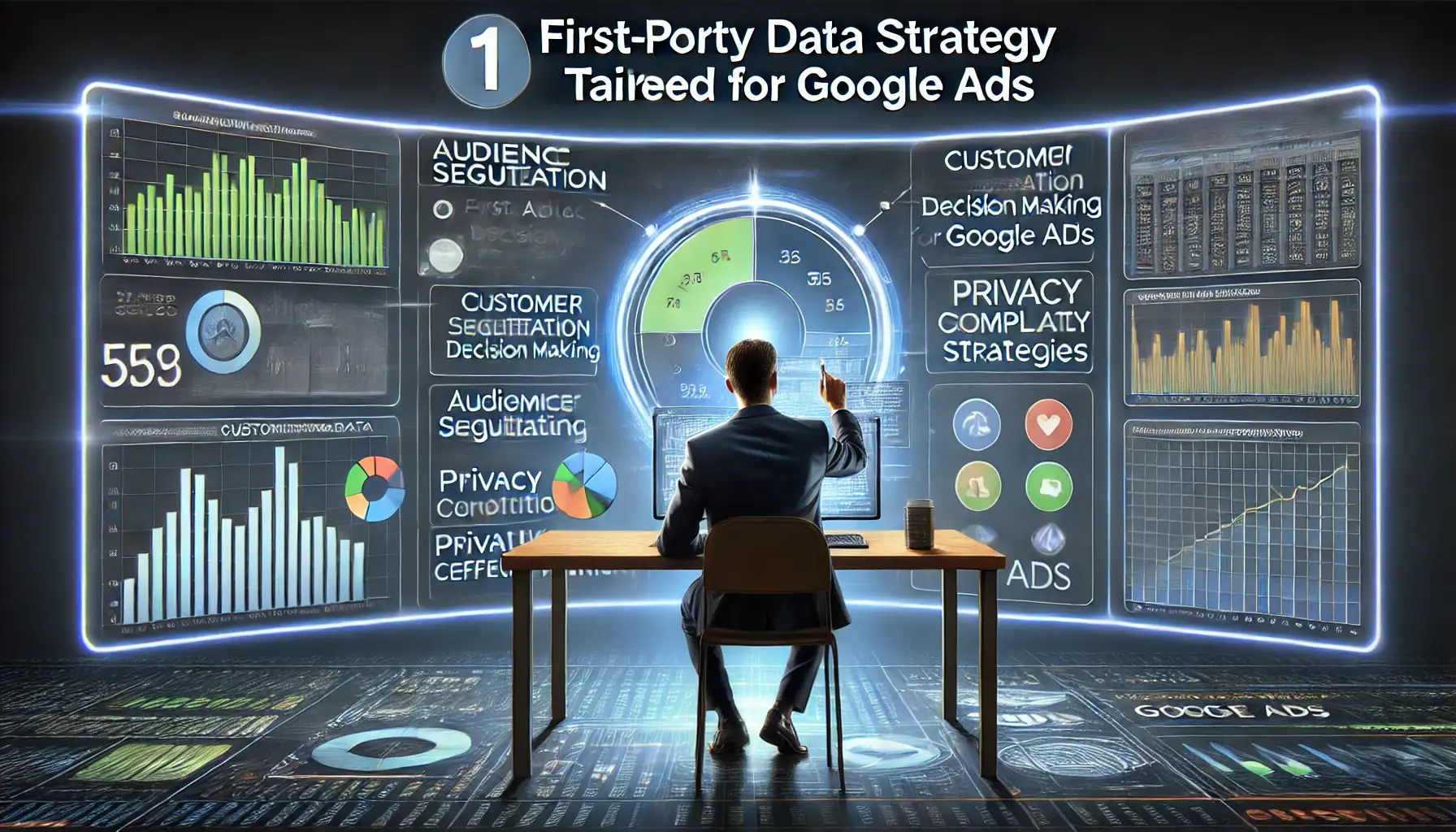 A digital strategist working on a Google Ads campaign, utilizing customer data insights for audience segmentation and campaign optimization.