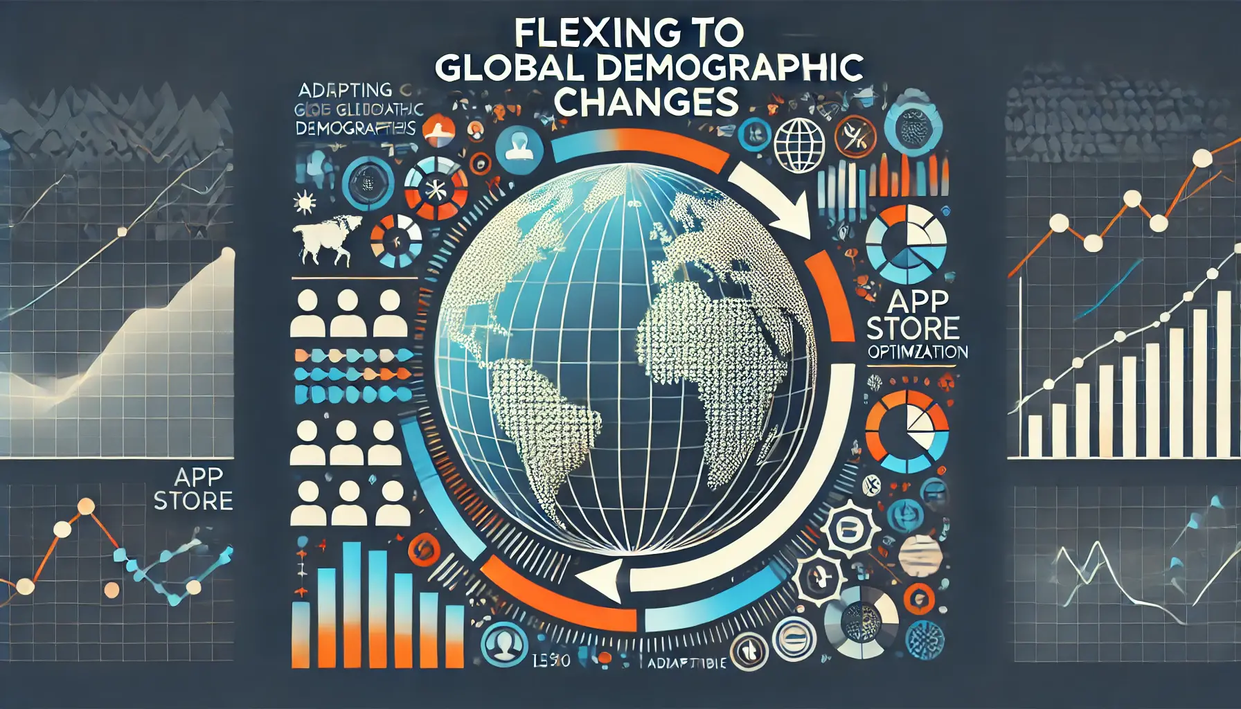 Image illustrating the concept of adapting to global demographic changes, featuring a globe with demographic icons, arrows indicating flexibility, and data charts showing shifting trends.