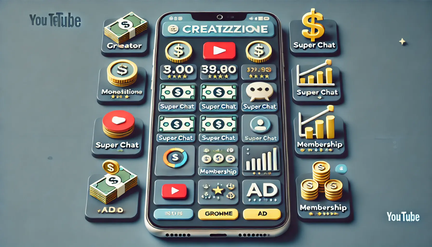 Smartphone showing a creator dashboard with revenue icons like Super Chat, memberships, and ads