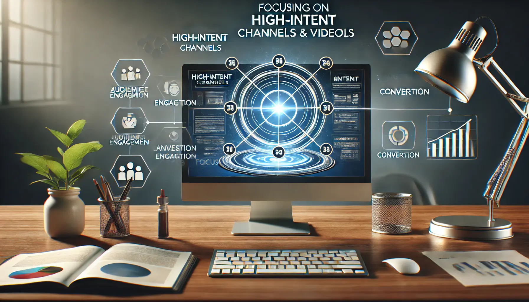 Workspace with a computer displaying a digital ad platform focused on high-intent channels, surrounded by icons representing engagement and targeting.