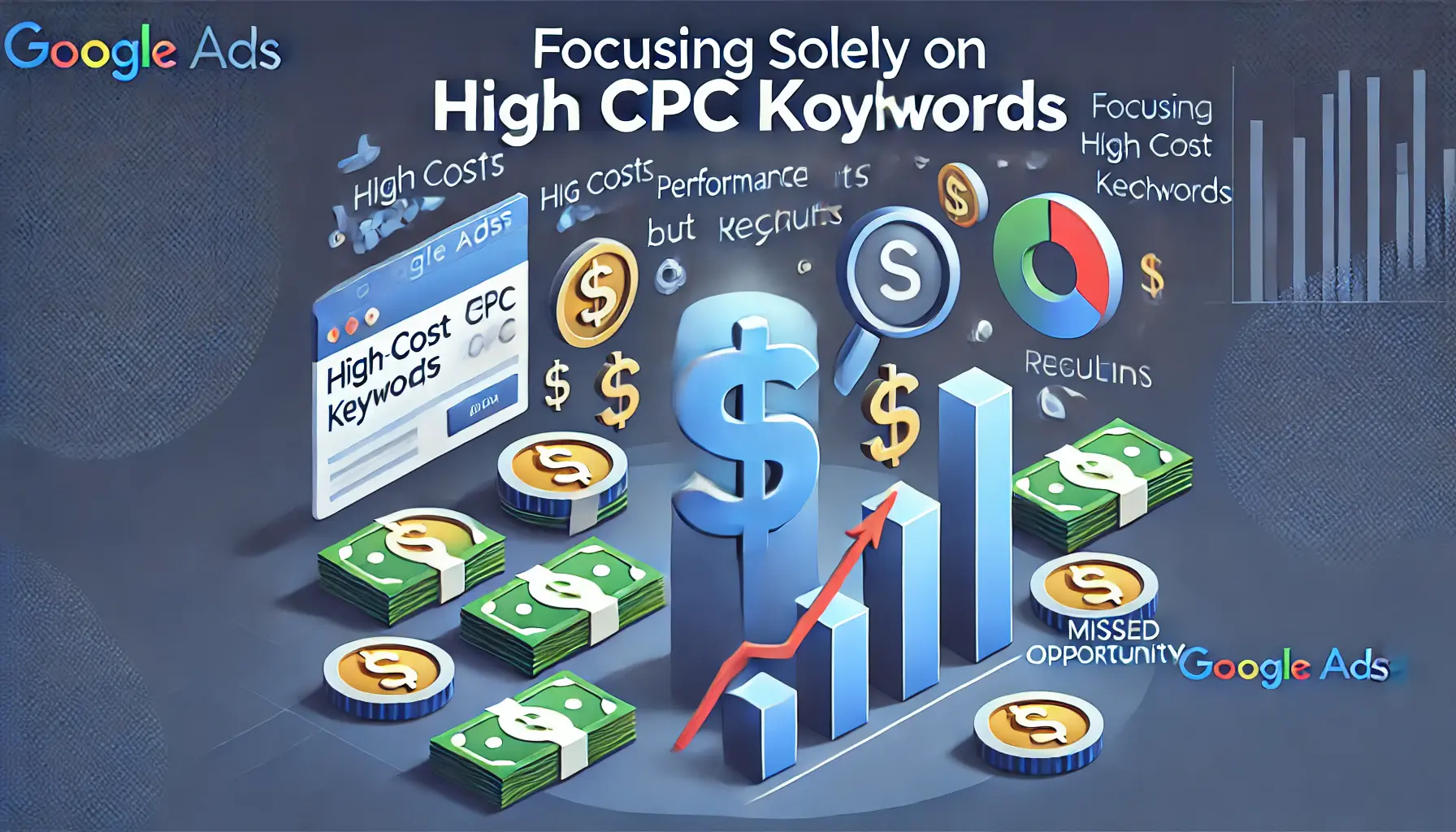 Visual representation of focusing only on high-cost keywords, featuring dollar signs, performance graphs with high costs but limited results, and missed opportunity symbols.