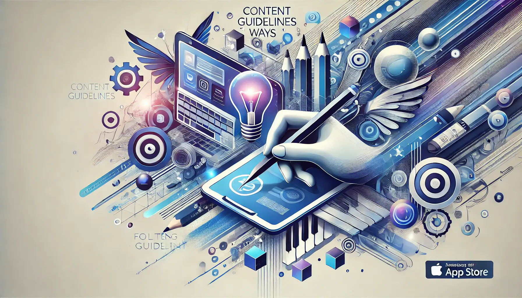 Abstract representation of following content guidelines creatively, featuring symbols of content creation and adherence to rules.