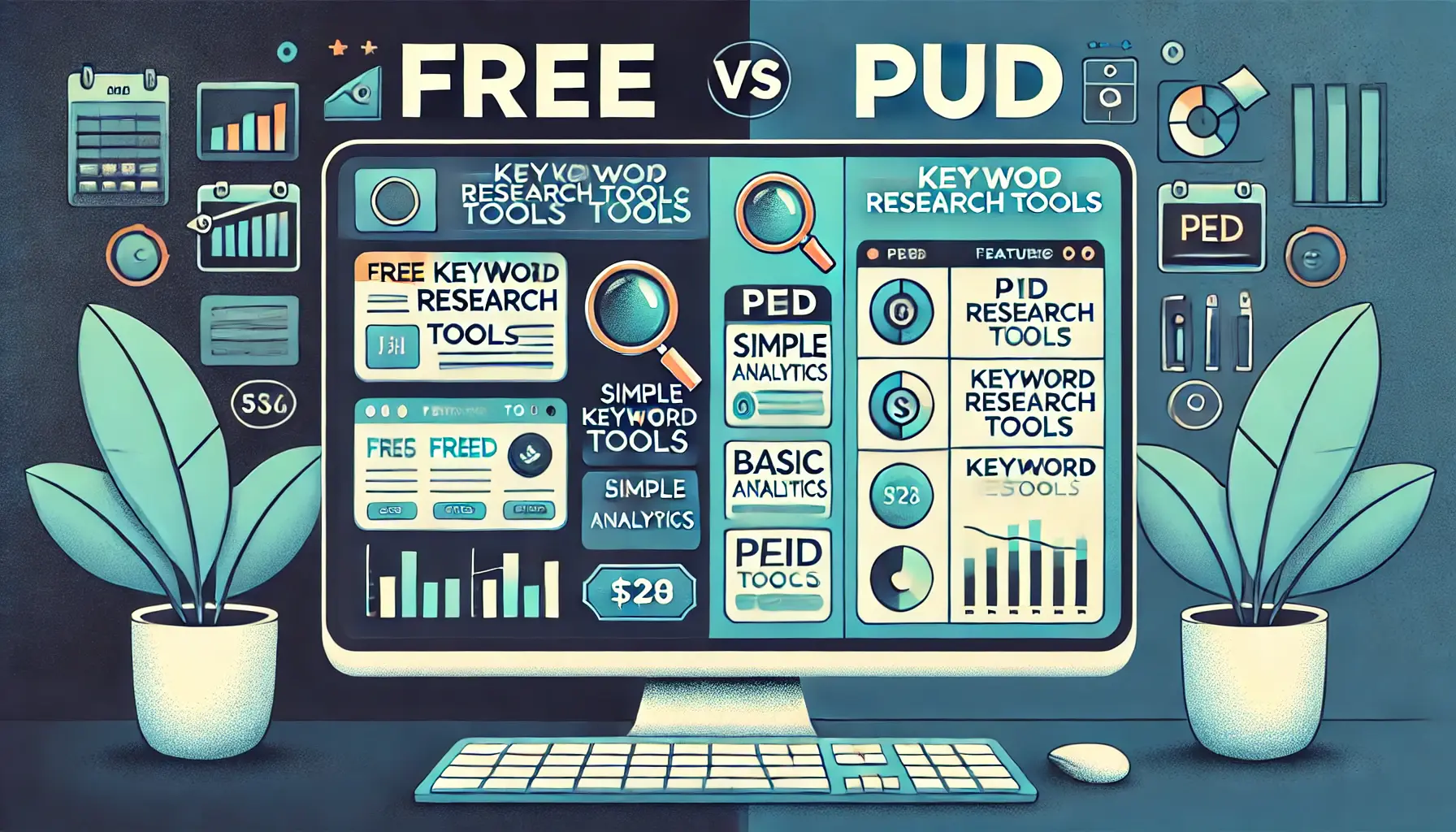 A visual representation of free versus paid keyword research tools, showing a split-screen comparison.