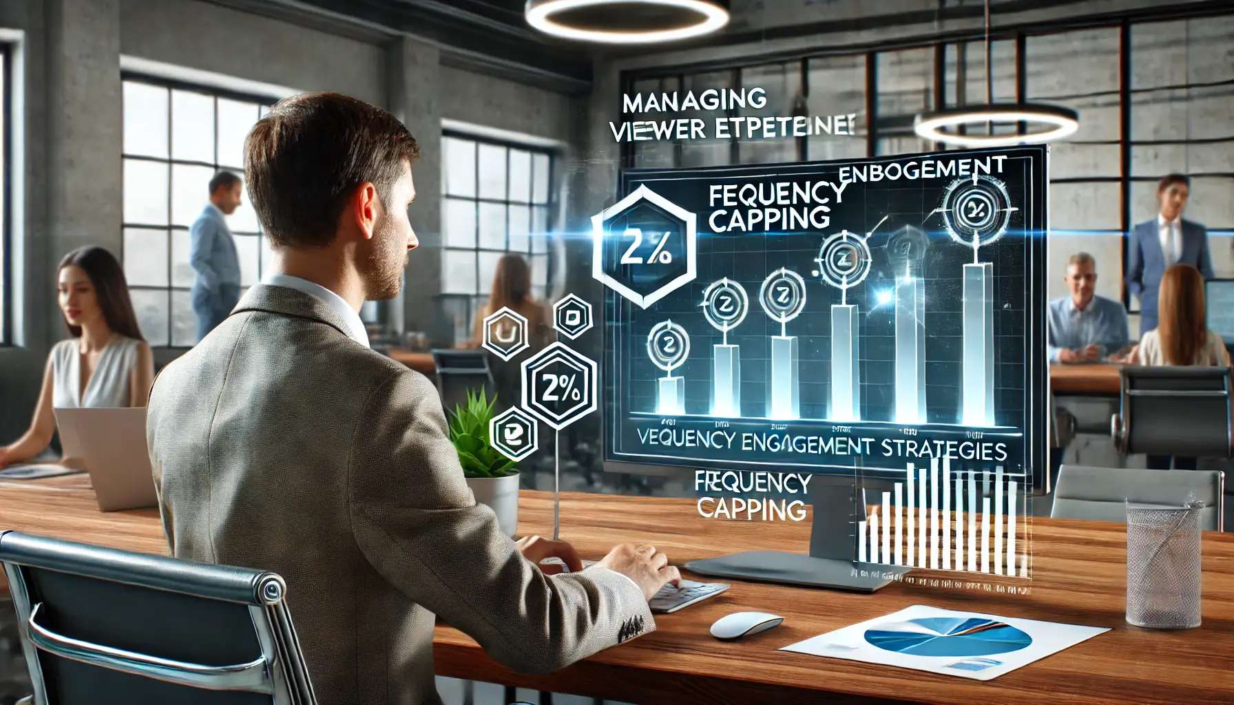 Digital marketing professional analyzing viewer engagement metrics on a computer screen with graphs illustrating frequency capping strategies in a modern office.