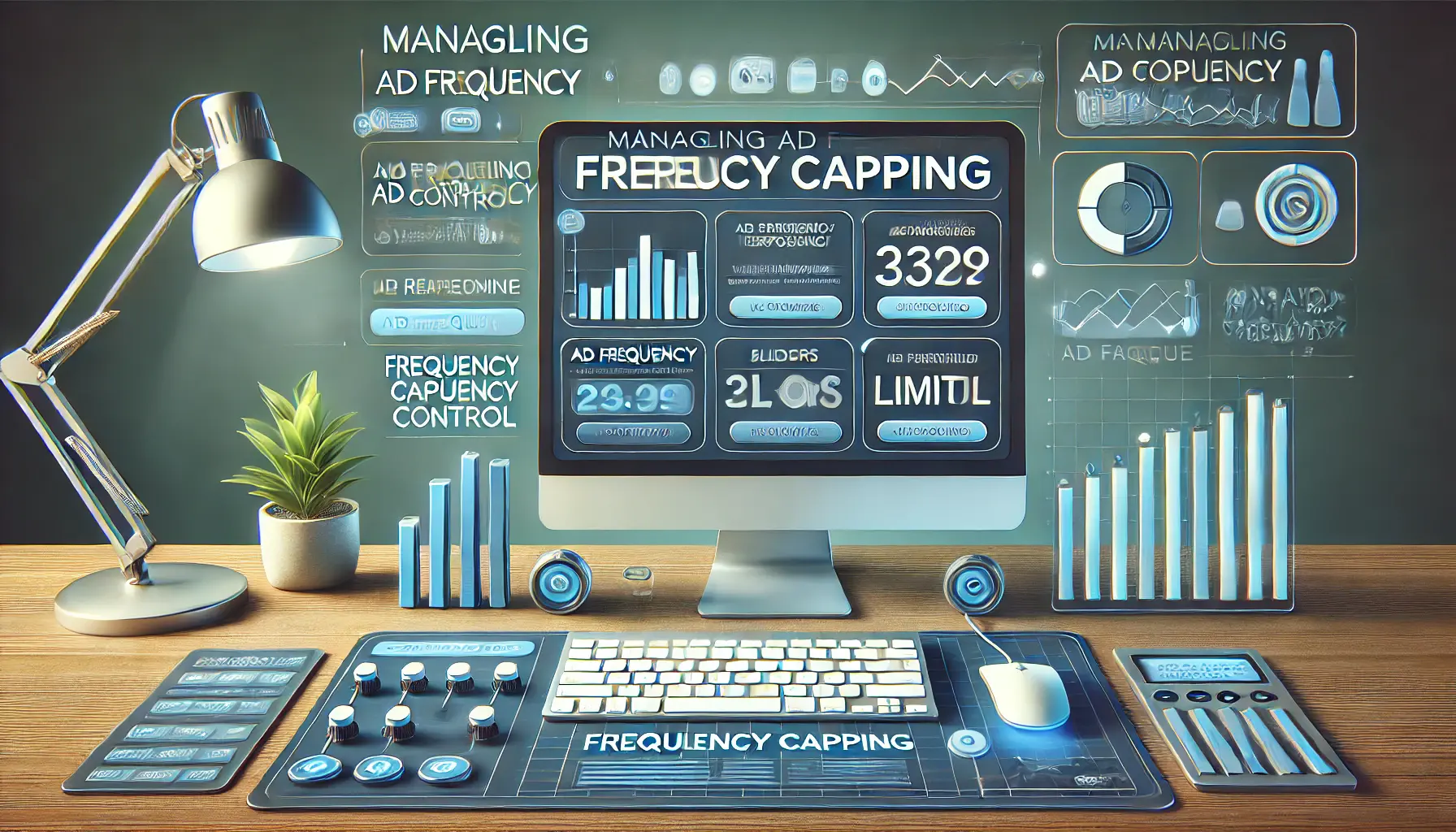 Digital marketing setup with a computer screen showing ad frequency control settings and sliders, representing frequency capping.