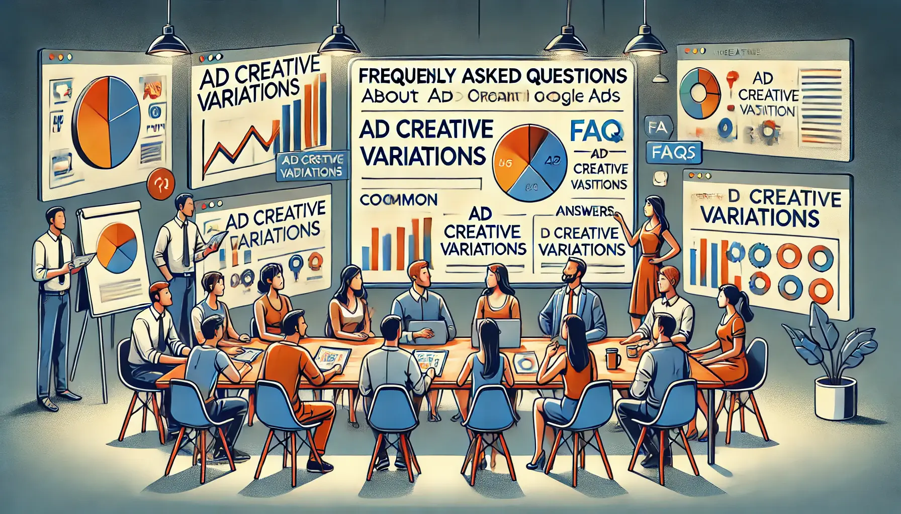 A visual representation of frequently asked questions about ad creative variations in Google Ads.