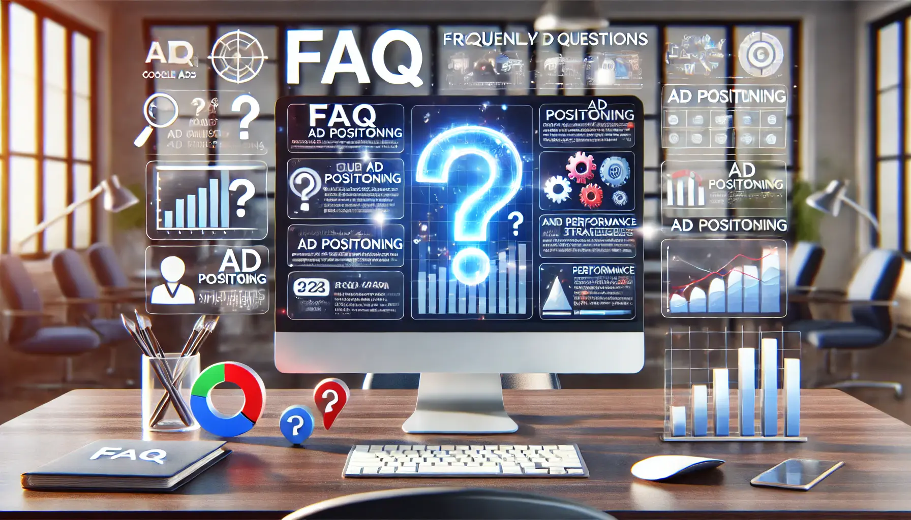 A realistic illustration depicting frequently asked questions about ad positioning in Google Ads, featuring a computer screen with a FAQ dashboard and question icons.