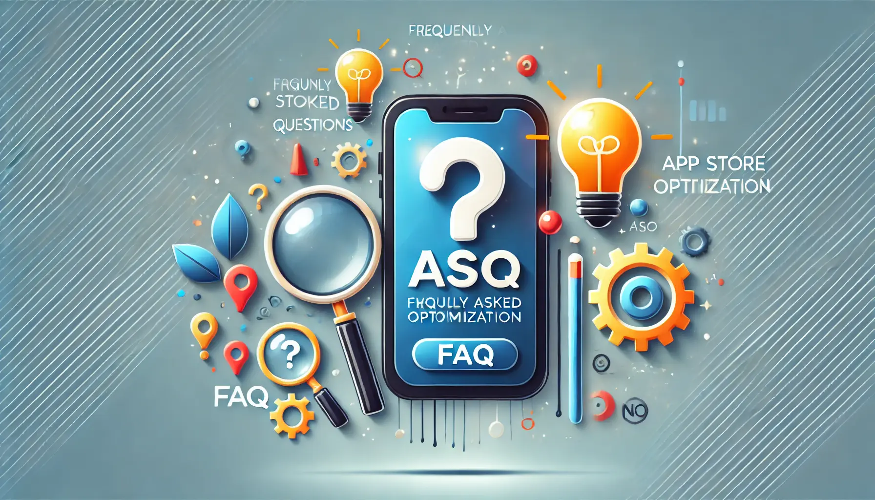 Illustration representing FAQs about ASO for startups, featuring a mobile device with question mark and lightbulb icons, surrounded by magnifying glasses and gears.