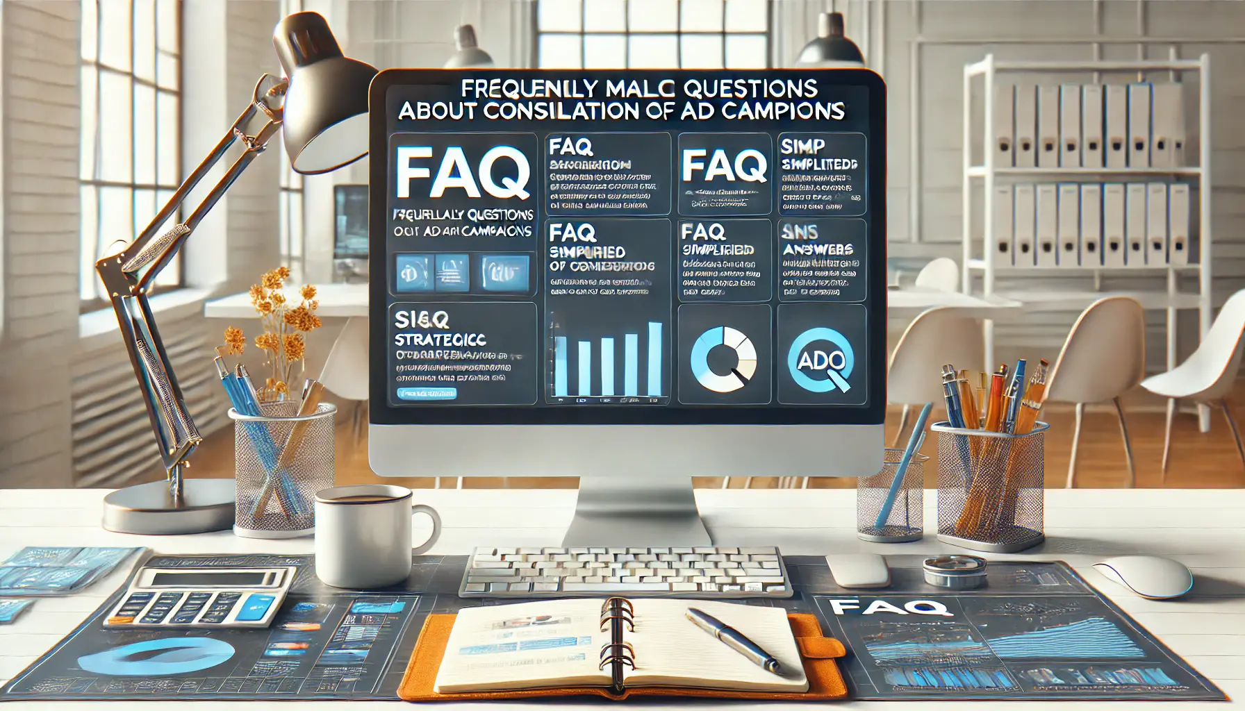 A digital marketing workspace showing a computer displaying an FAQ section related to ad campaign consolidation, symbolizing simplified answers to common questions.