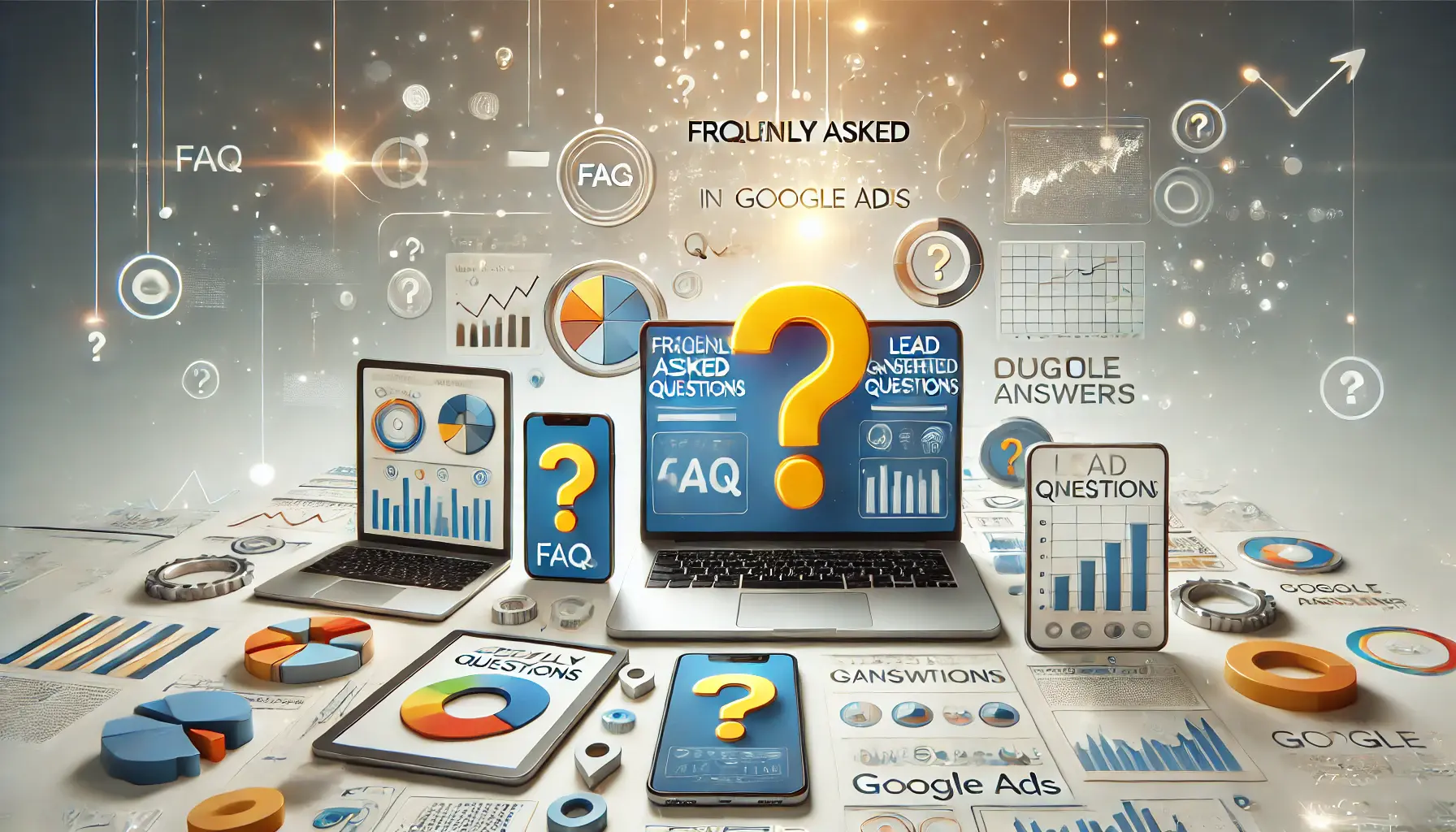 A digital marketing scene showing devices with charts, graphs, and question-related visuals, symbolizing answers to frequently asked questions about lead generation.