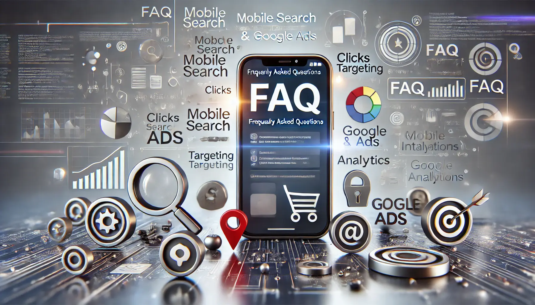 A smartphone displaying search-related icons like clicks, targeting, and analytics, surrounded by symbols representing queries, answers, and solutions