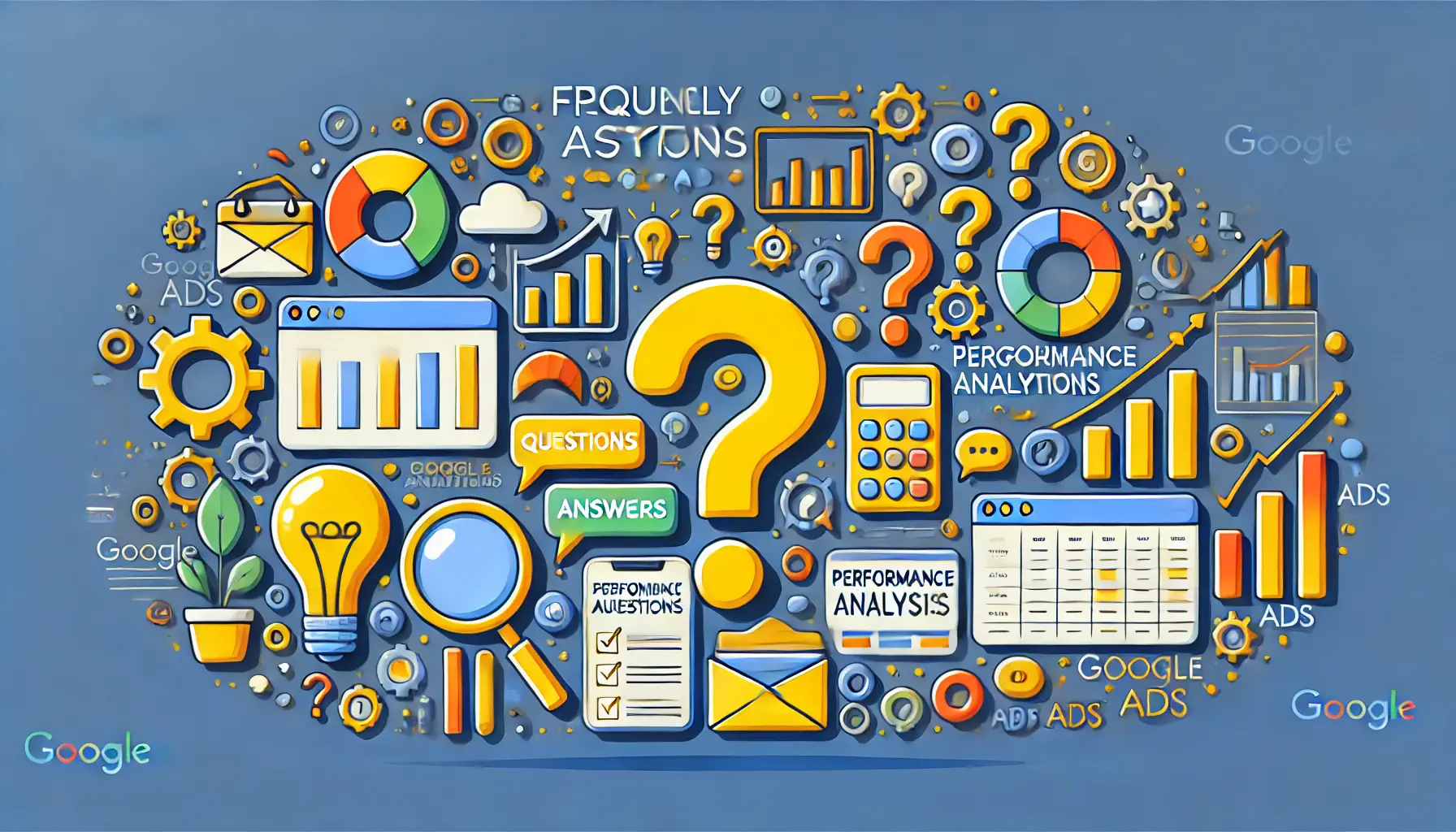 A visual representation of frequently asked questions regarding performance analysis in Google Ads, showcasing question marks and insights.